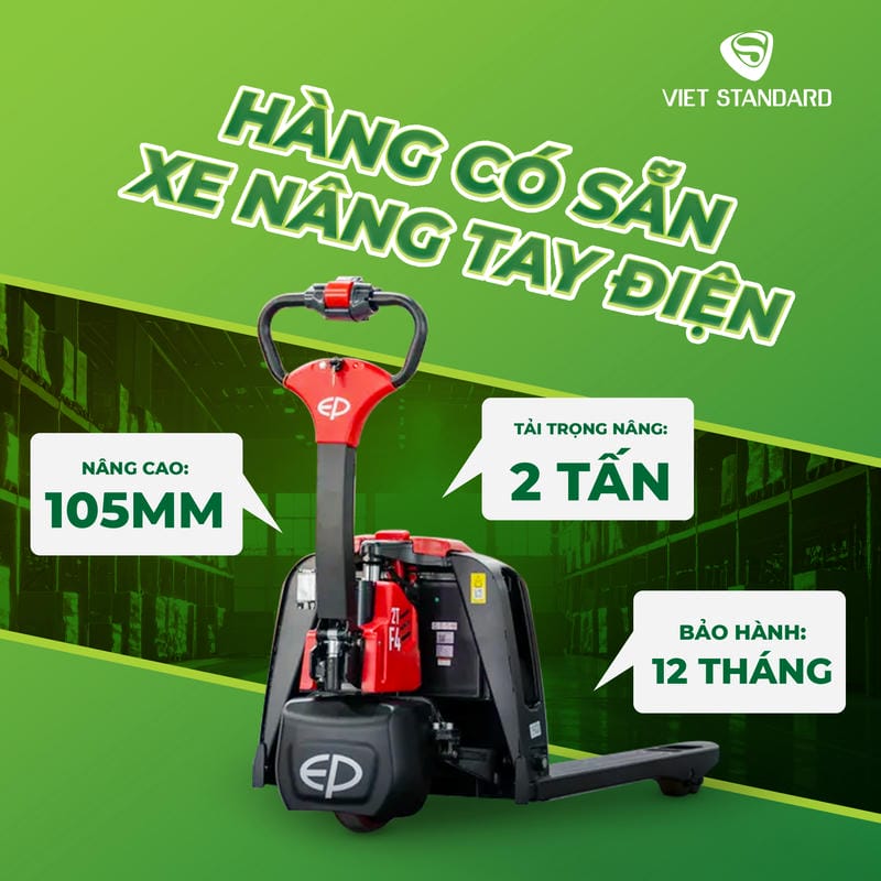 Với xe nâng tay điện, pin lithium 24V/20Ah là cấu hình phổ biến, cho phép tháo